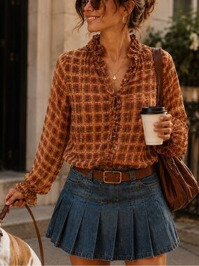 Ruffled Plaid V-Neck Blouse in Rust
